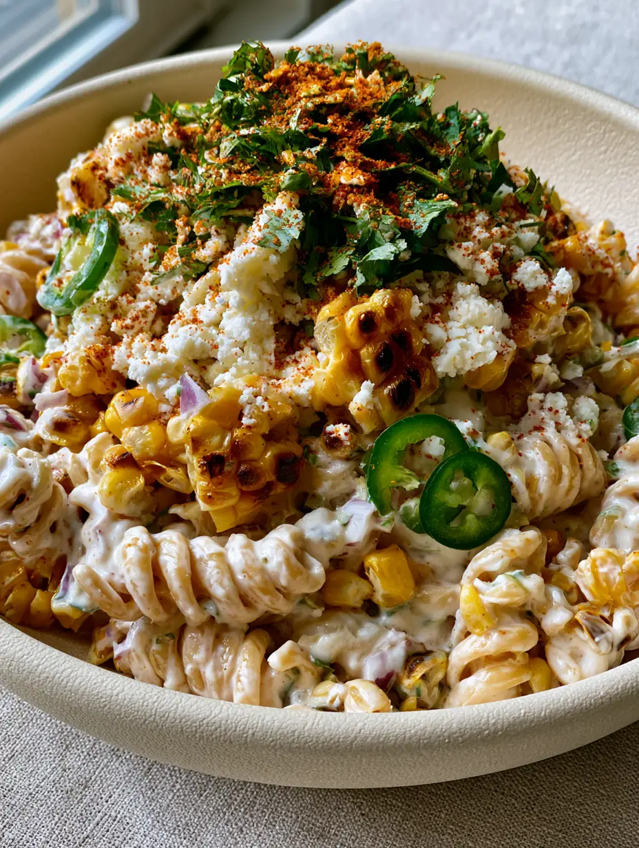 Close up of Grilled Corn Elote Pasta Salad showing al dente fusilli spirals and deep brown charred corn kernels.