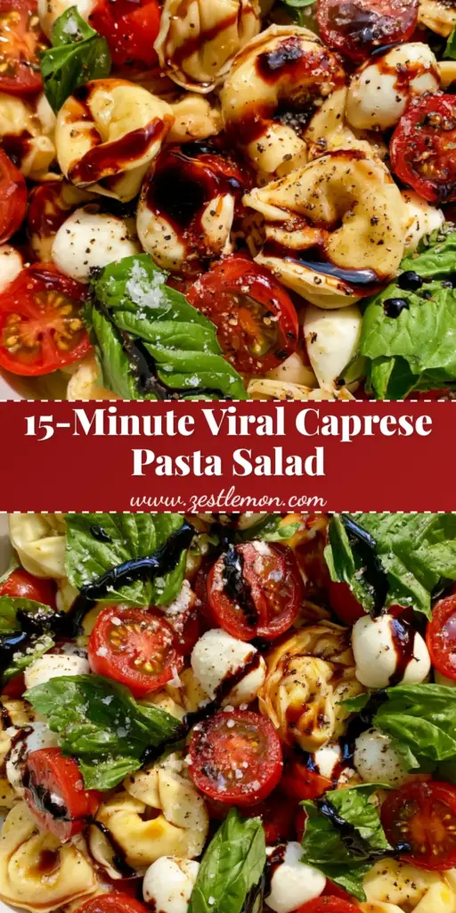 Tortellini Caprese Pasta Salad with Thick Balsamic Glaze 4 A top-down smartphone photo of Tortellini Caprese Pasta Salad in a white bowl with balsamic glaze ribbons, basil, and mozzarella pearls on a marble counter.