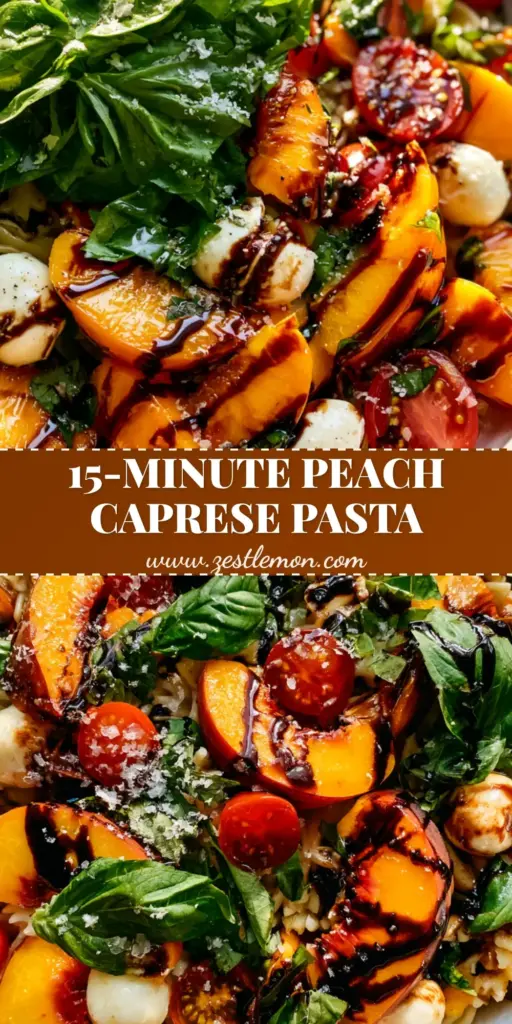 Peach Caprese Pasta Salad with Thick Balsamic Glaze 3 A handheld smartphone photo of Peach Caprese Pasta Salad in a rustic white bowl with thick balsamic drizzle and vibrant peaches.