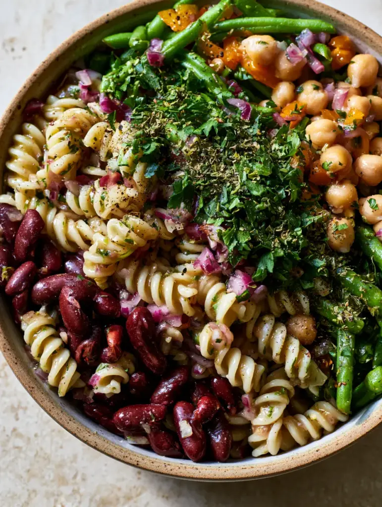 3 Bean Pasta Salad with Zesty Italian Dressing and Crisp Veggies 1 A 45-degree angle shot of a rustic bowl filled with 3 bean pasta salad on a stone countertop.
