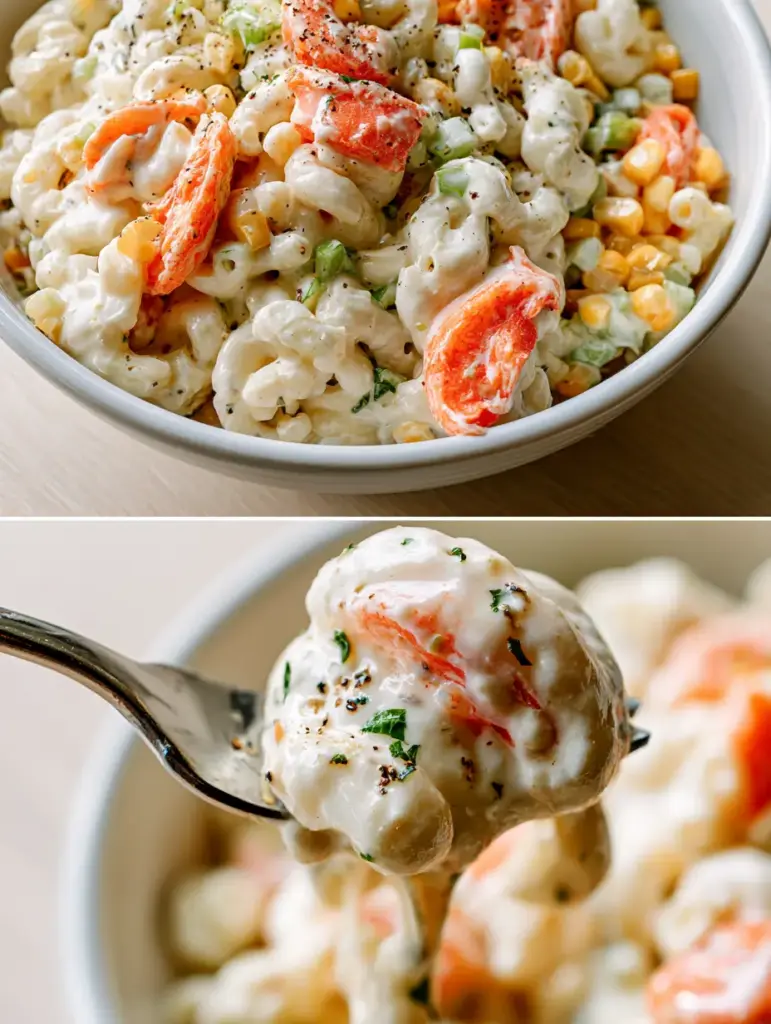 Pasta fría con surimi: The Ultimate Ultra-Creamy Mexican Macaroni Salad 1 Macro close-up of a fork lifting a dripping, creamy portion of pasta fría con surimi with parsley flakes.