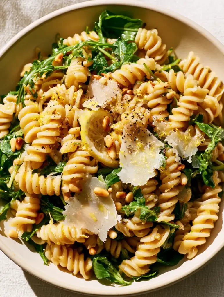 Lemon Parmesan Pasta Salad with Toasted Pine Nuts and Arugula 2 Overhead close-up of Lemon Parmesan Pasta Salad in a cream ceramic bowl with glistening rotini and toasted pine nuts.