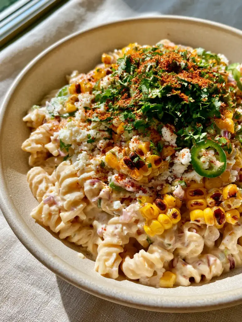Grilled Corn Elote Pasta Salad served in a matte cream ceramic bowl with tajin dusting and lime wedges.