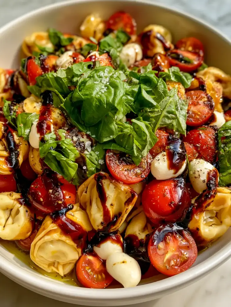 Tortellini Caprese Pasta Salad with Thick Balsamic Glaze 2 Close-up of Tortellini Caprese Pasta Salad showing plump cheese tortellini, glistening olive oil, and thick obsidian balsamic glaze.