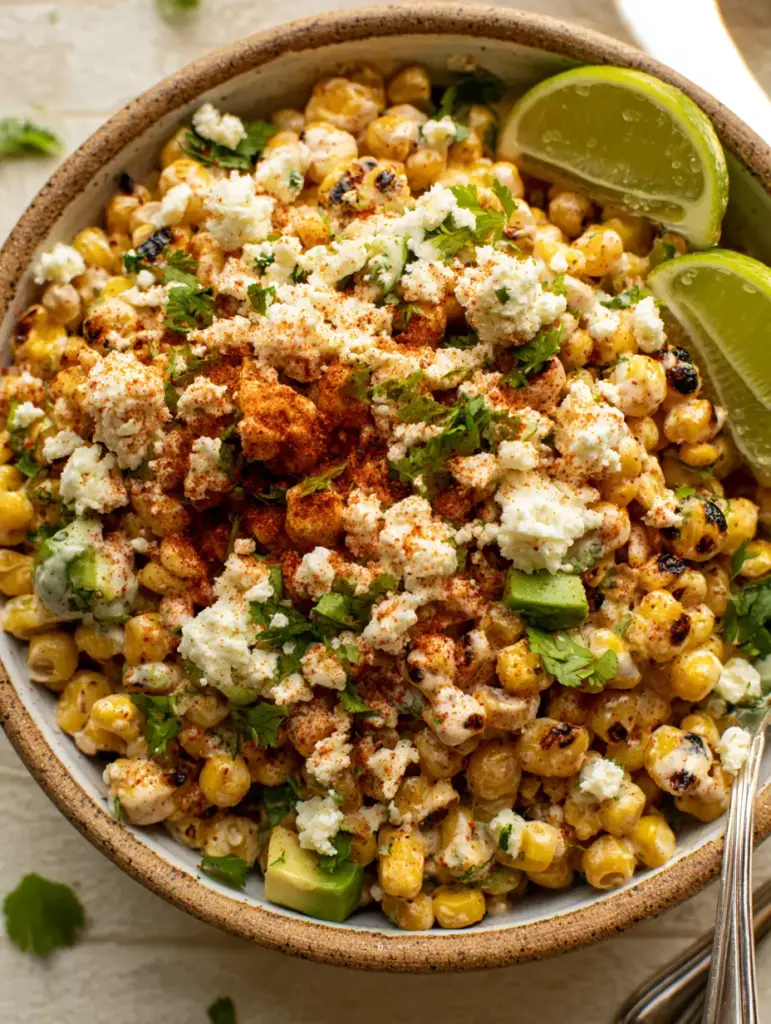 Summer Corn Salad with Charred Sweet Corn and Lime-Crema 1 Summer corn salad topped with white cotija cheese, green cilantro, and a dusting of reddish-orange chili powder.