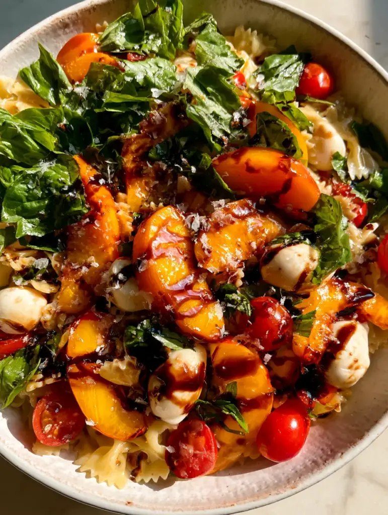 Peach Caprese Pasta Salad with Thick Balsamic Glaze 2 Close-up of vibrant orange peach wedges and mozzarella pearls in a Peach Caprese Pasta Salad.