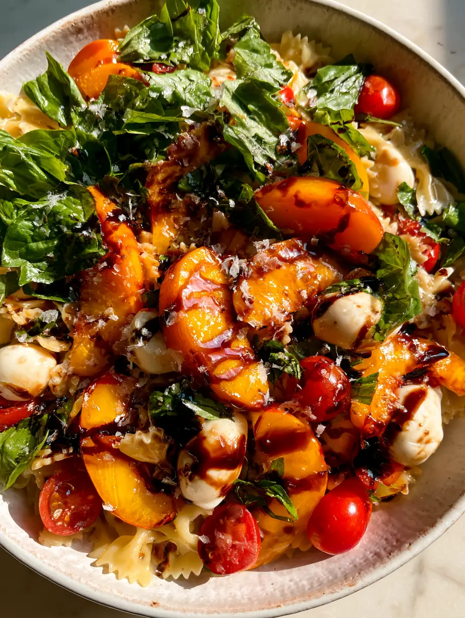 Peach Caprese Pasta Salad with Thick Balsamic Glaze 4 Close-up of vibrant orange peach wedges and mozzarella pearls in a Peach Caprese Pasta Salad.