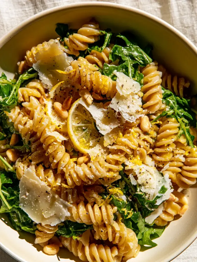 Lemon Parmesan Pasta Salad with Toasted Pine Nuts and Arugula 1 Close-up detail of jagged aged parmesan shavings and lemon half-moons in a Lemon Parmesan Pasta Salad.