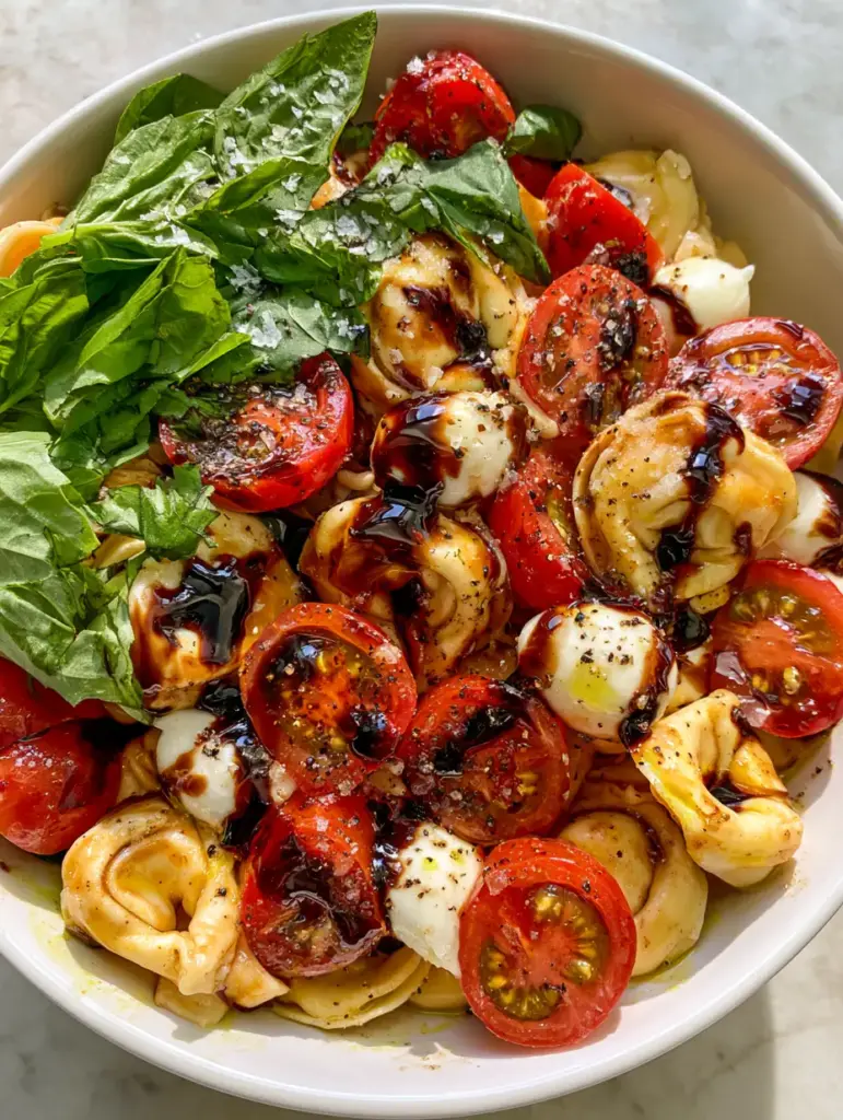 Tortellini Caprese Pasta Salad with Thick Balsamic Glaze 1 Overhead view of a large white bowl filled with Tortellini Caprese Pasta Salad, featuring vibrant red tomatoes and green basil.