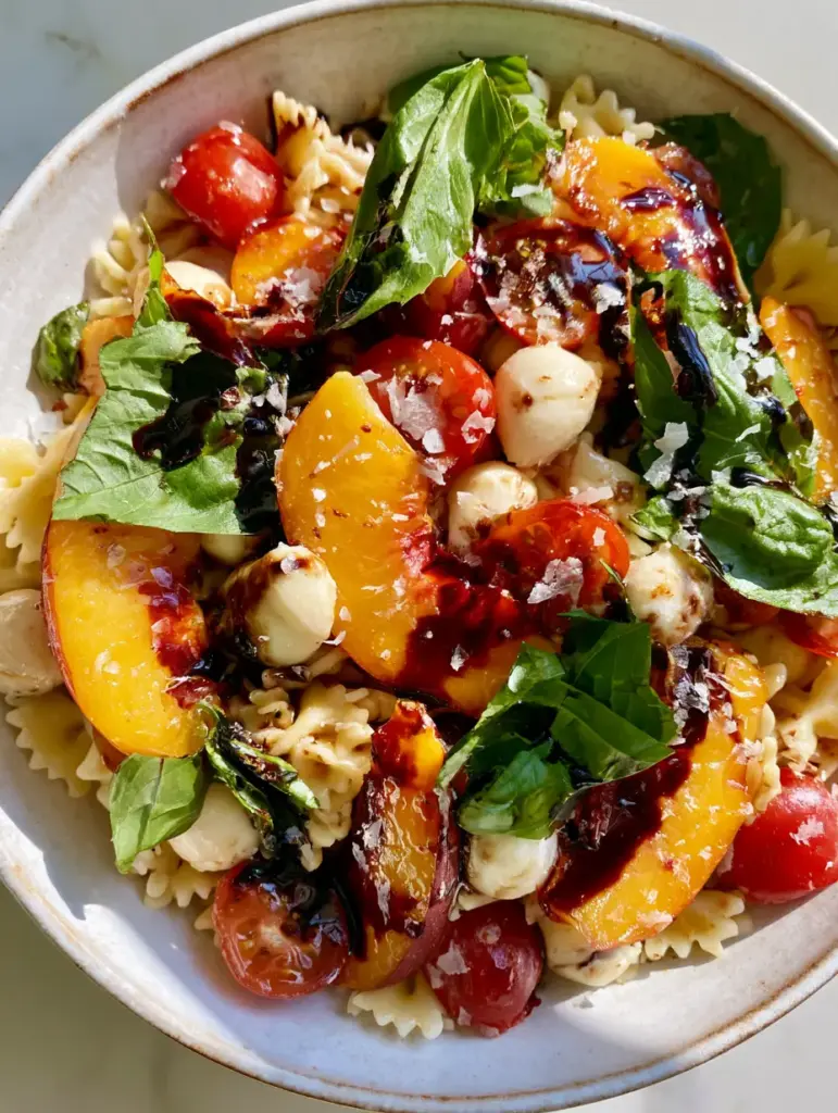 Peach Caprese Pasta Salad with Thick Balsamic Glaze 1 High-angle view of Peach Caprese Pasta Salad on a marble background with artistic balsamic glaze.