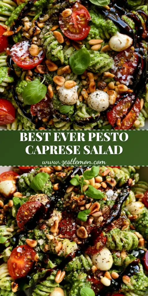 Pesto Caprese Pasta Salad with Balsamic Glaze and Toasted Pine Nuts 4 A luxurious pesto caprese pasta salad in a white bowl with balsamic glaze ribbons and micro-basil. (pesto caprese pasta salad)