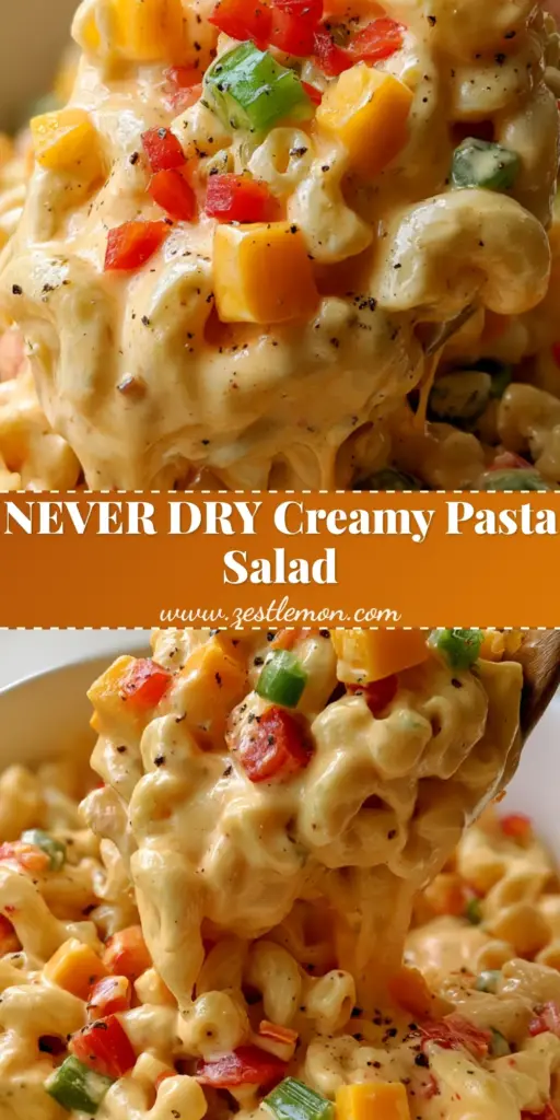Creamy Cheddar Pasta Salad: The Ultimate Ultra-Glossy Crowd-Pleaser 3 A close-up of a wooden spoon lifting a scoop of ultra-creamy cheddar pasta salad showing glossy dressing and red peppers.