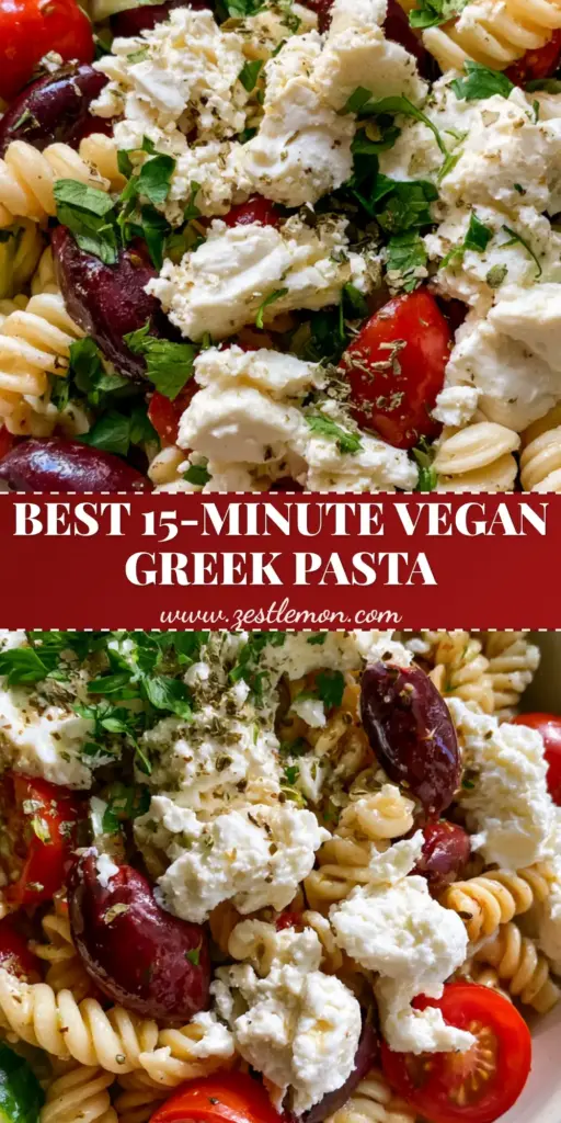 Vegan Greek Pasta Salad with Zesty Lemon-Herb Vinaigrette 4 A top-down macro view of Vegan Greek Pasta Salad in a white bowl showing gluten-free fusilli, cherry tomatoes, and chunky vegan feta.