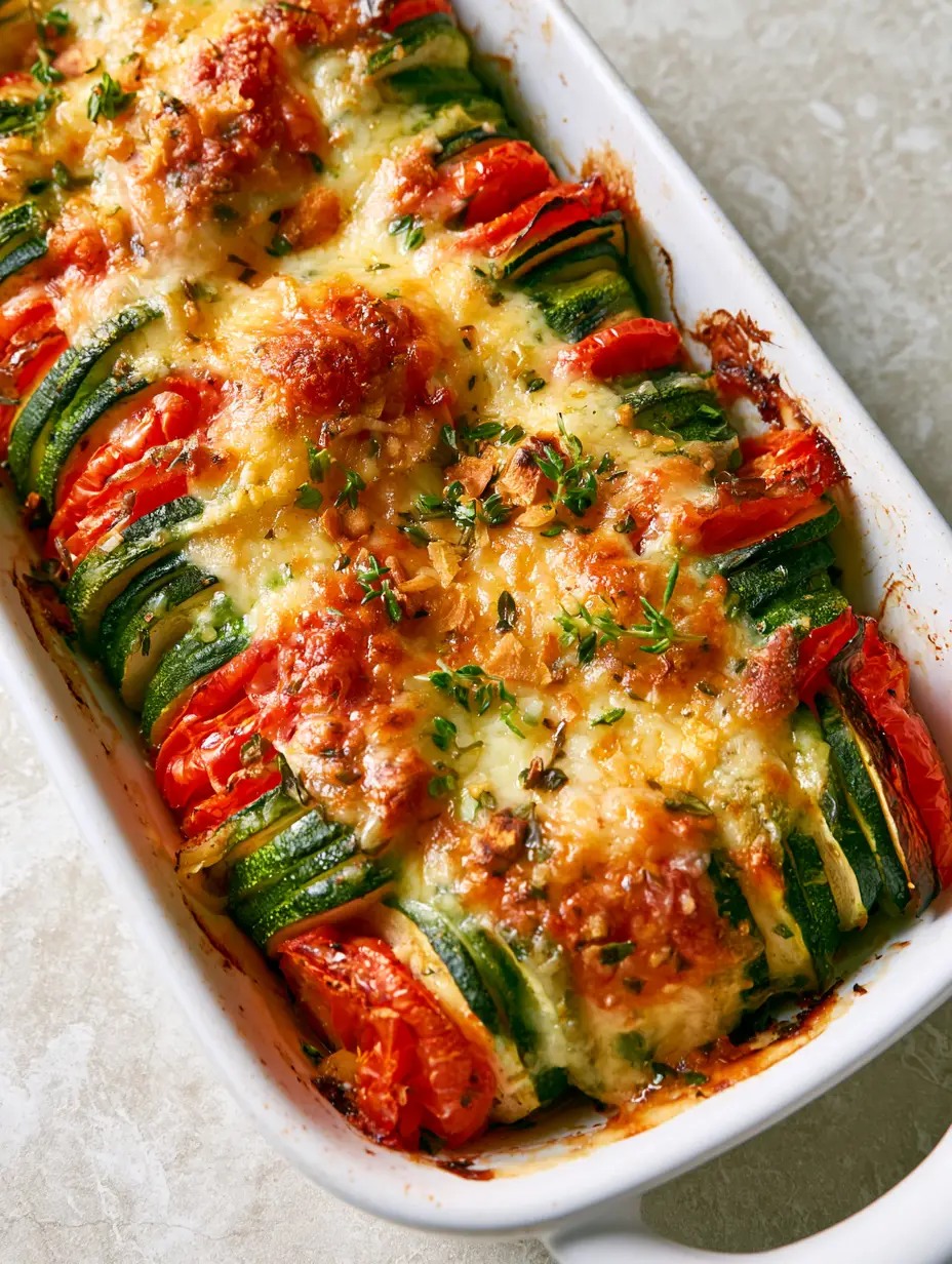 Close-up smartphone photo of Zucchini and tomato gratin showing alternating green zucchini and red Roma tomato slices with melted parmesan cheese.