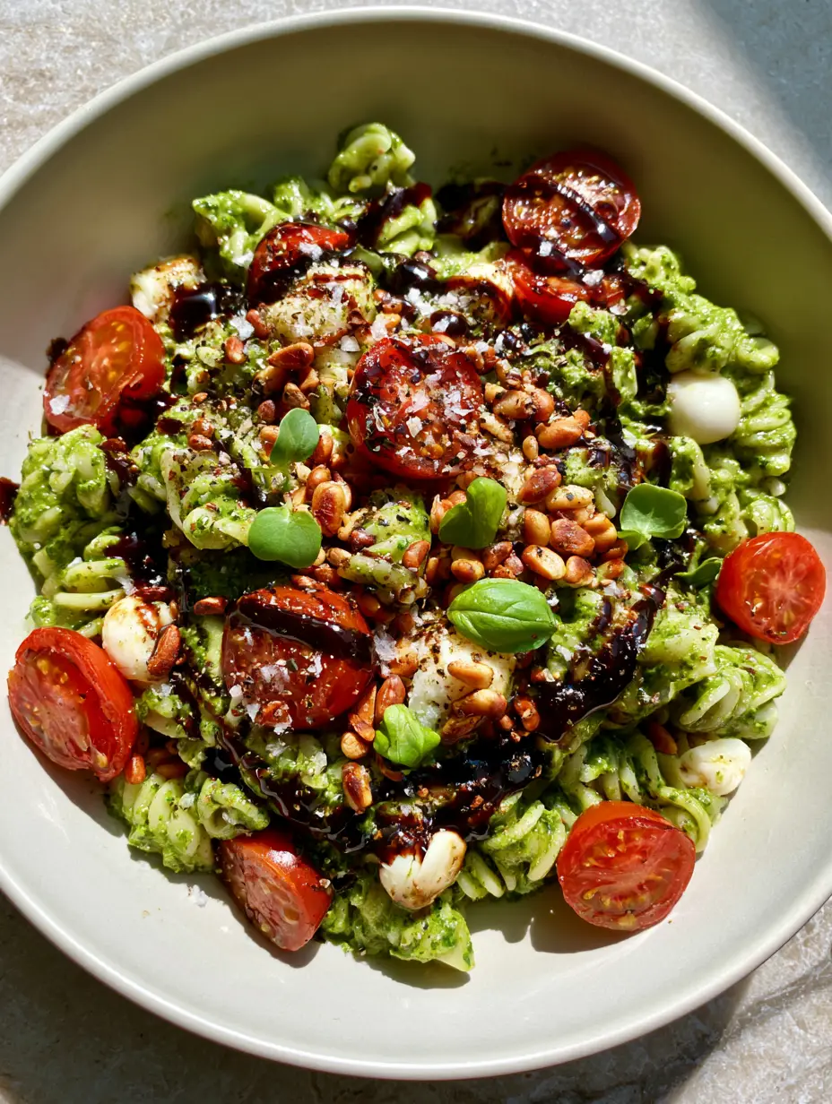 Pesto Caprese Pasta Salad with Balsamic Glaze and Toasted Pine Nuts 3 Overhead shot of pesto caprese pasta salad showing al dente fusilli and crimson cherry tomatoes. (pesto caprese pasta salad)