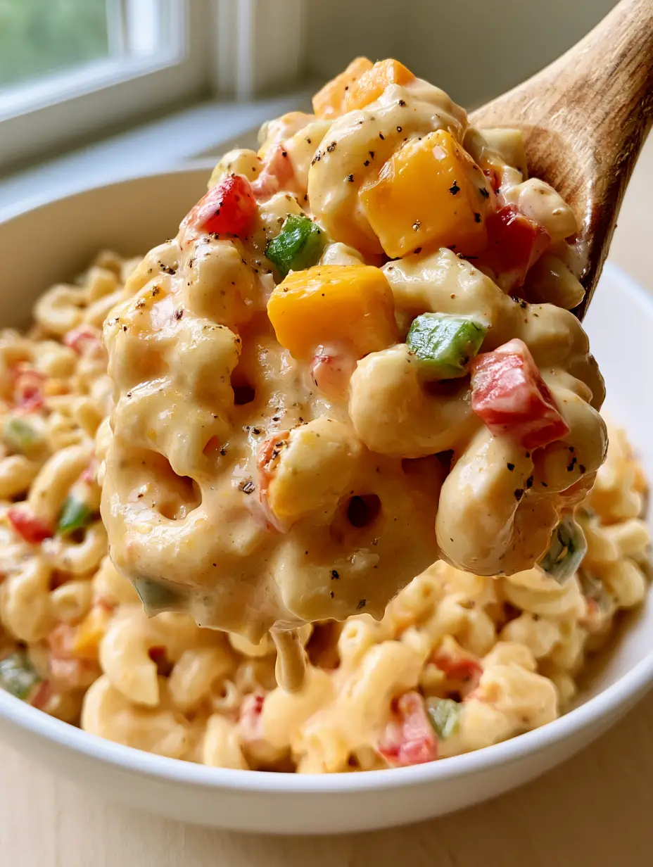 Creamy Cheddar Pasta Salad: The Ultimate Ultra-Glossy Crowd-Pleaser 4 Macro eye-level shot of a wooden spoon lifting a scoop of Creamy cheddar pasta salad with dripping dressing.
