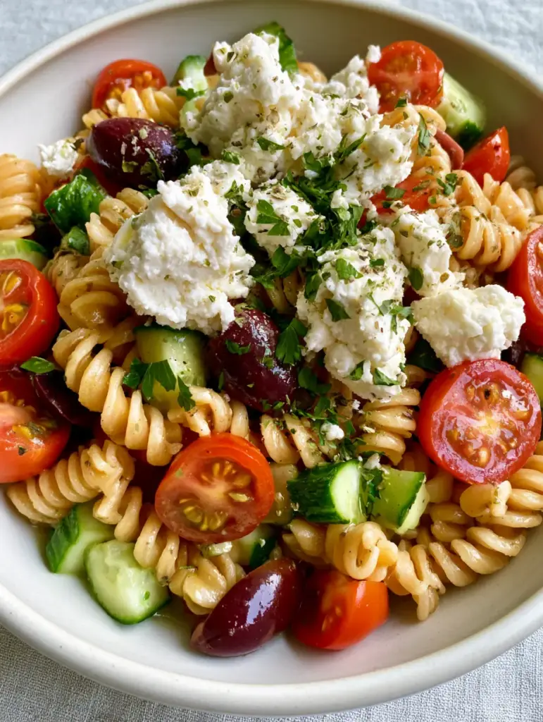 Vegan Greek Pasta Salad with Zesty Lemon-Herb Vinaigrette 2 A close-up of glistening gluten-free fusilli pasta spirals with vibrant red cherry tomatoes and dark purple Kalamata olives. (Vegan Greek Pasta Salad)