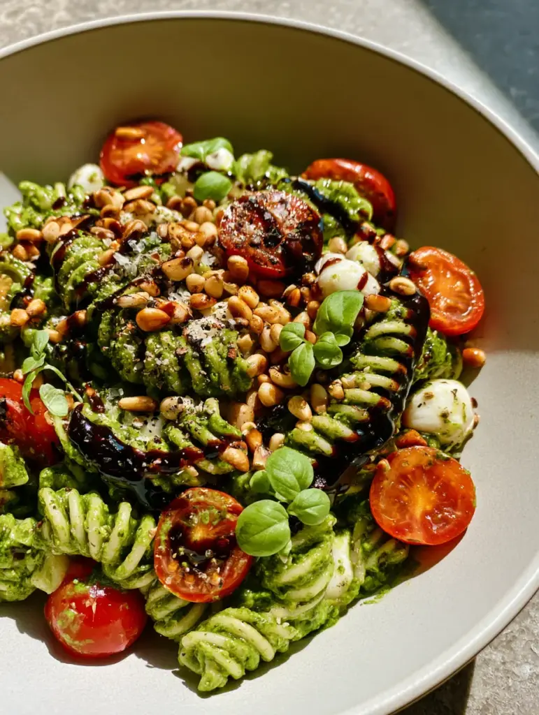 Pesto Caprese Pasta Salad with Balsamic Glaze and Toasted Pine Nuts 1 Close up of creamy mozzarella pearls and emerald pesto coating fusilli pasta. (pesto caprese pasta salad)