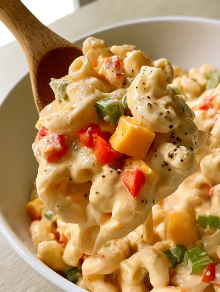 Creamy Cheddar Pasta Salad: The Ultimate Ultra-Glossy Crowd-Pleaser 1 A large ceramic bowl filled with Creamy cheddar pasta salad, garnished with parsley and cracked black pepper.