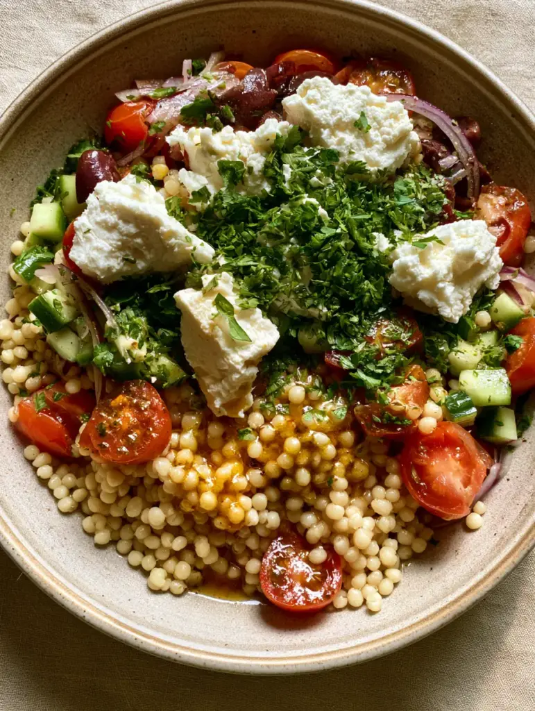 Close-up of Mediterranean Pearl Couscous Salad showing rustic feta crumbles and slivered red onions.