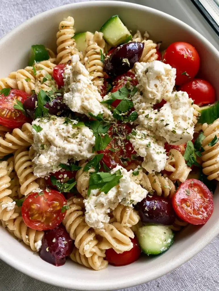 Vegan Greek Pasta Salad with Zesty Lemon-Herb Vinaigrette 1 A top-down shot of Vegan Greek Pasta Salad highlighting the soft, moist texture of large vegan feta chunks and crisp Persian cucumbers.