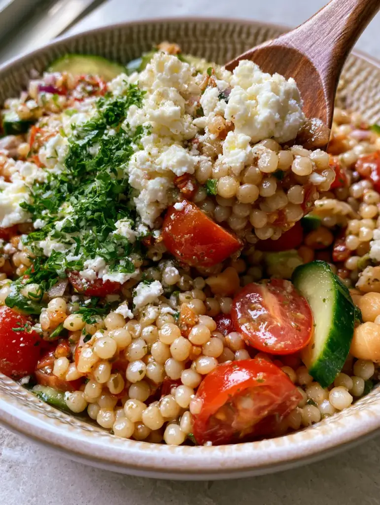 Top-down view of a Mediterranean couscous salad in soft natural light on a stone countertop. (couscous salad)