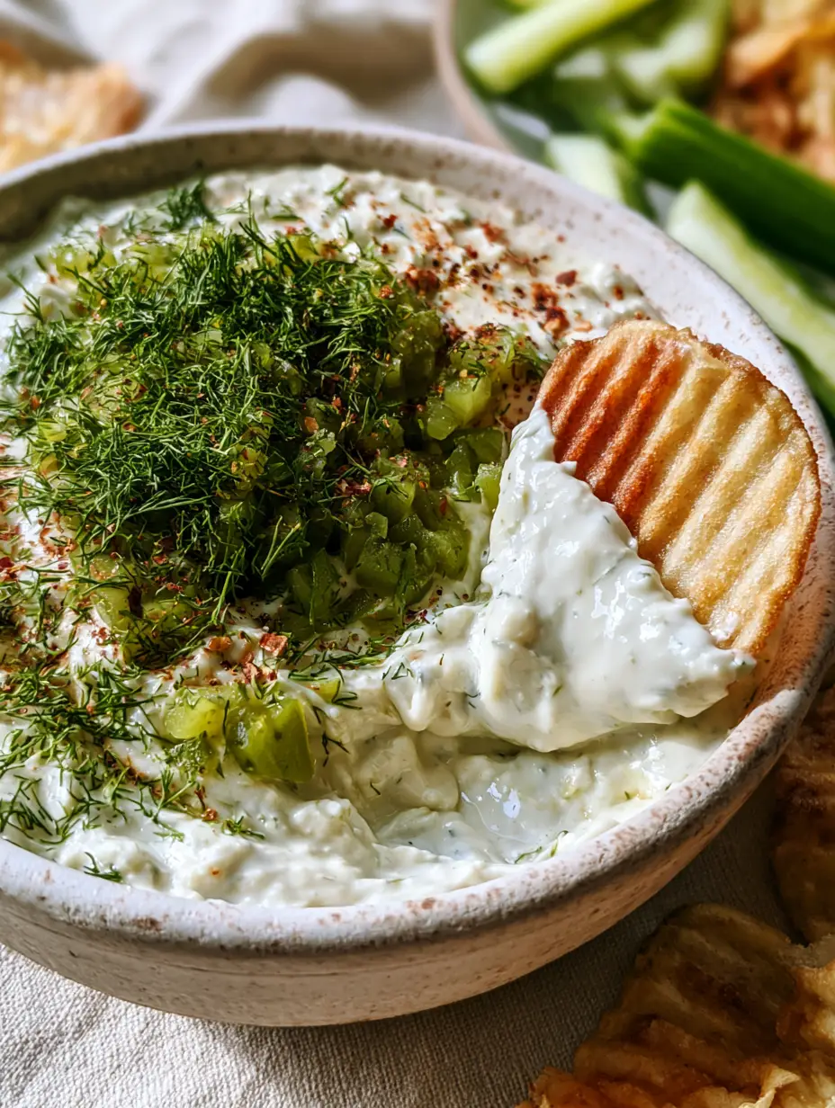 Dairy Free Dill Pickle Dip: The Creamiest Vegan Appetizer You’ll Ever Crave 3 Extreme close-up of a rippled potato chip dipping into velvety ivory-white Dairy Free Dill Pickle Dip. (Dairy Free Dill Pickle Dip)