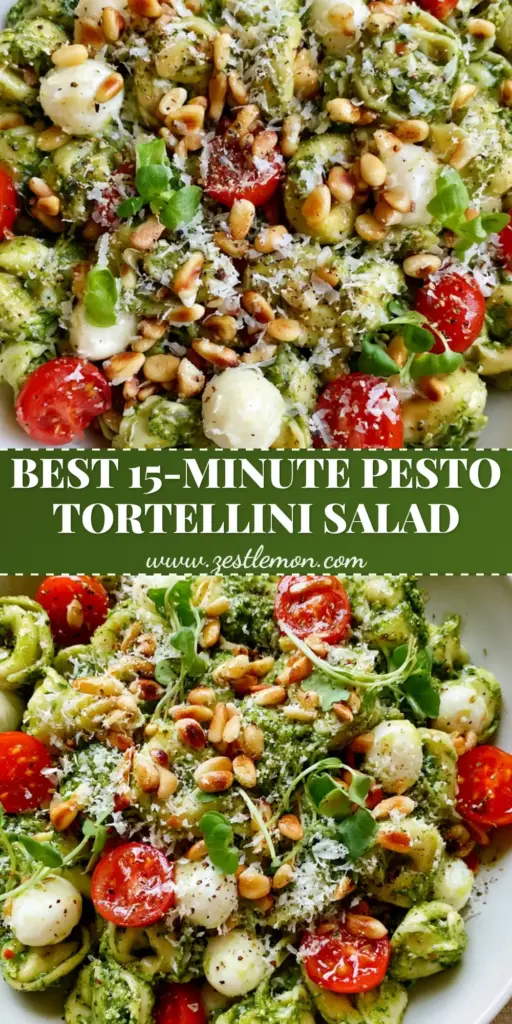 Pesto Tortellini Pasta Salad with Fresh Mozzarella and Basil 3 A top-down photo of a pesto tortellini pasta salad in a white bowl with cherry tomatoes and mozzarella pearls.