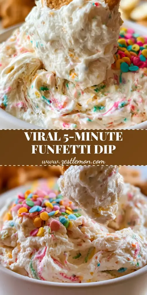 Funfetti Dip: The Ultimate Fluffy Whipped Vanilla Dessert Dip 3 A handheld smartphone photo showing a golden honey graham cracker dipping into a fluffy Funfetti dip topped with circular rainbow sprinkles.