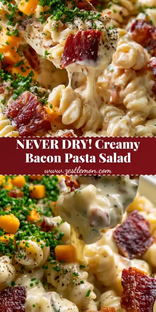 Creamy Bacon Pasta Salad with Sharp Cheddar and Ranch 4 A close-up shot of creamy bacon pasta salad in a white bowl showing glossy ranch dressing, crispy bacon, and cheddar cubes.