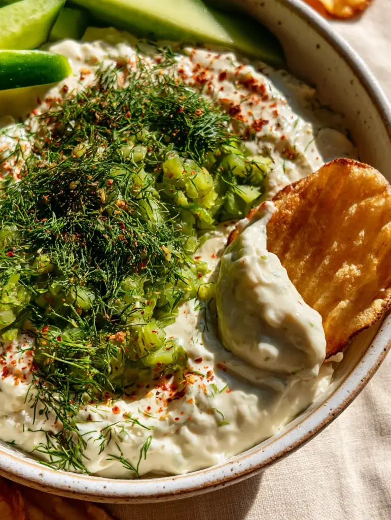 Dairy Free Dill Pickle Dip: The Creamiest Vegan Appetizer You’ll Ever Crave 1 Overhead view of Dairy Free Dill Pickle Dip in a white stoneware bowl with cucumber spears and carrots. (Dairy Free Dill Pickle Dip)