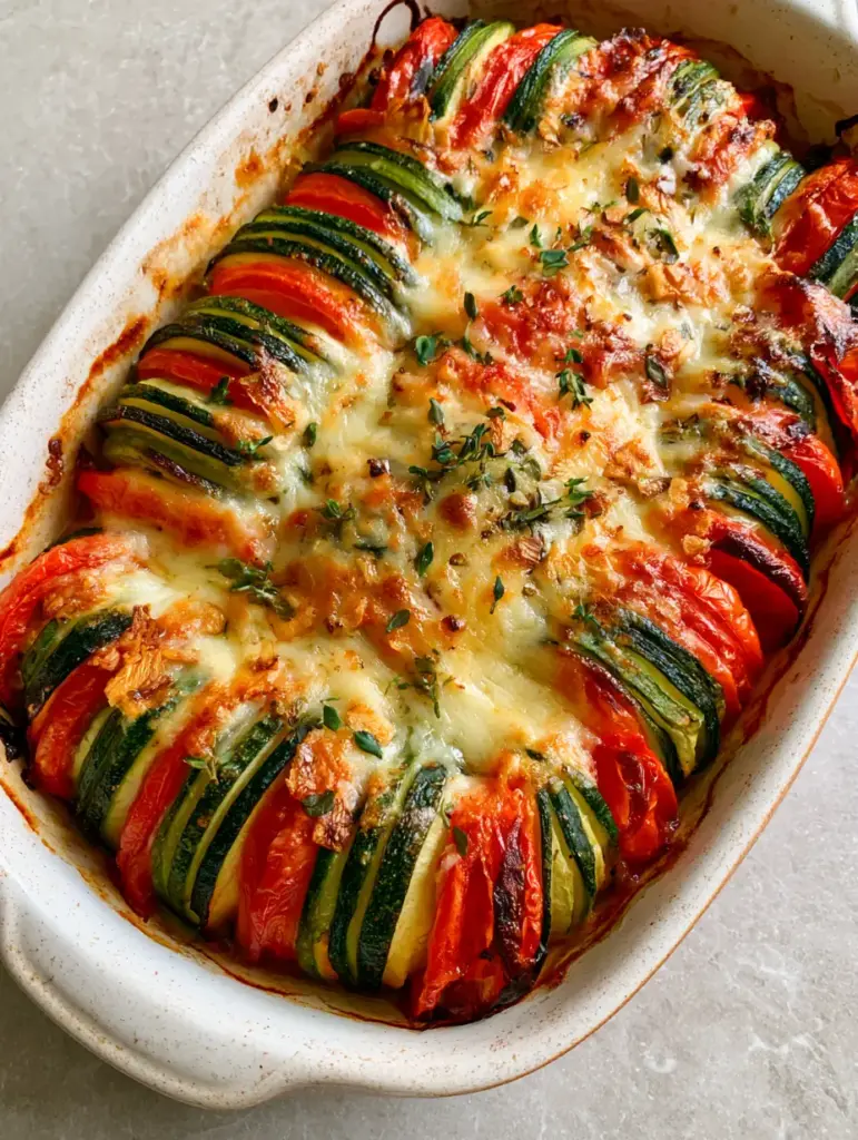 Top-down view of Zucchini and tomato gratin in a white baking dish on a stone countertop, highlighting the golden-brown crust and fresh thyme sprigs.
