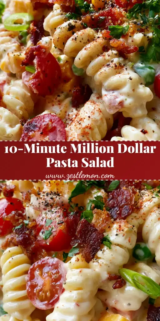 Million Dollar Pasta Salad with Crispy Bacon and Sharp Cheddar 4 A handheld smartphone photo of Million Dollar Pasta Salad featuring al dente rotini, creamy ivory sauce, bacon bits, and cheddar cubes in a ceramic bowl.