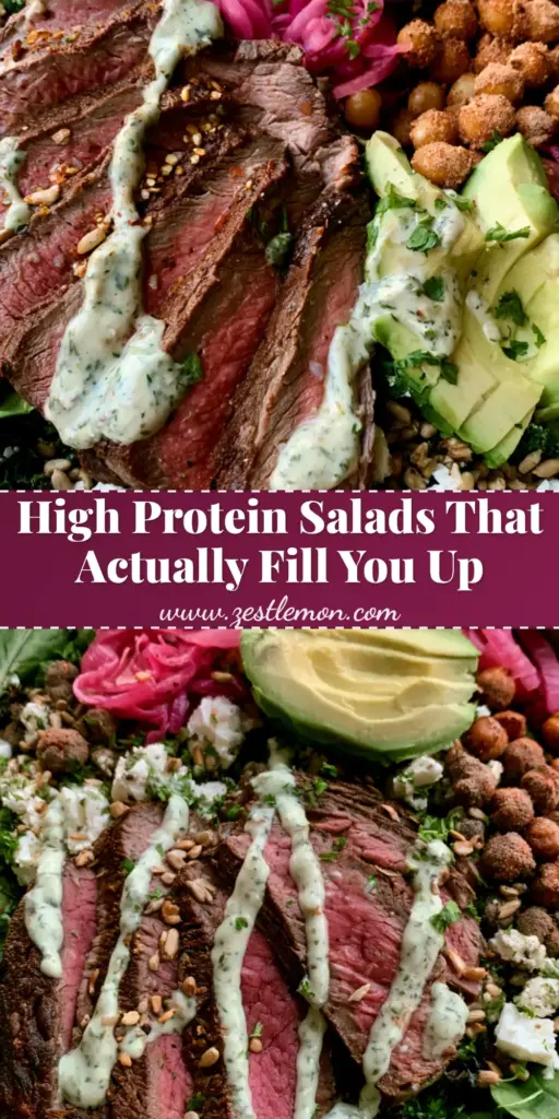 Dinner salad recipes for Steak Lovers: The Ultimate High-Protein Power Bowl 4 A massive artisan bowl of steak salad with roasted chickpeas and avocado, one of our favorite dinner salad recipes.