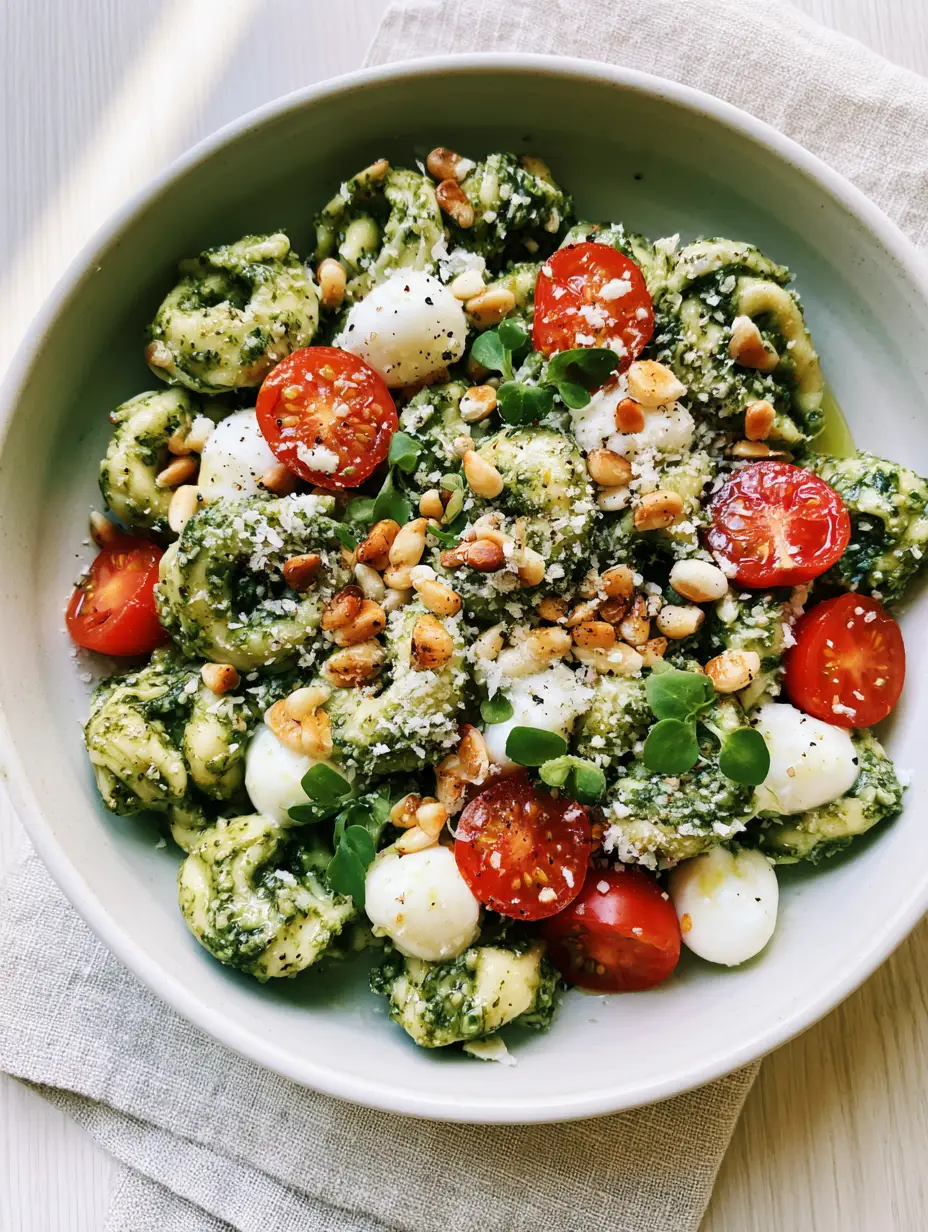 Pesto Tortellini Pasta Salad with Fresh Mozzarella and Basil 4 Close up of glossy pesto tortellini pasta salad with micro-basil and pine nuts.
