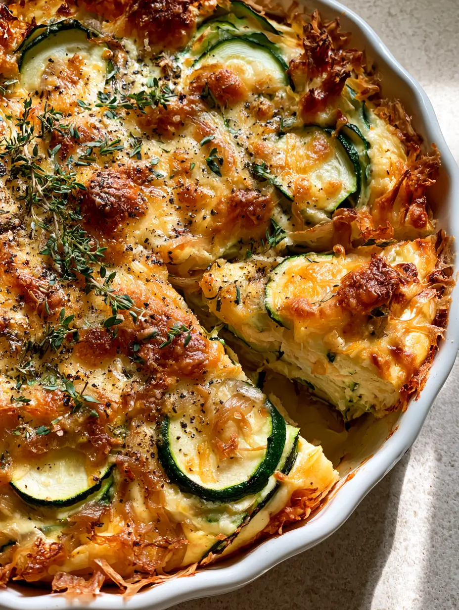 Zucchini Onion Pie with Toasted Parmesan Crust and Sharp Cheddar 3 High-angle view of a Zucchini Onion Pie showing the bubbling melted cheese and charred lacy parmesan edges.