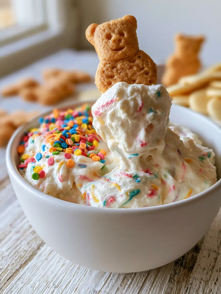 Funfetti Dip: The Ultimate Fluffy Whipped Vanilla Dessert Dip 4 Close-up shot of a fluffy Funfetti dip in a matte white bowl with vibrant circular sprinkles folded throughout.