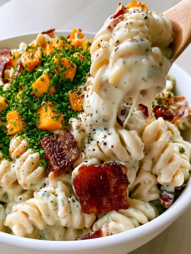Creamy Bacon Pasta Salad with Sharp Cheddar and Ranch 2 Macro view of rotini spirals coated in ivory ranch dressing with deep-red bacon chunks. (creamy bacon pasta salad)