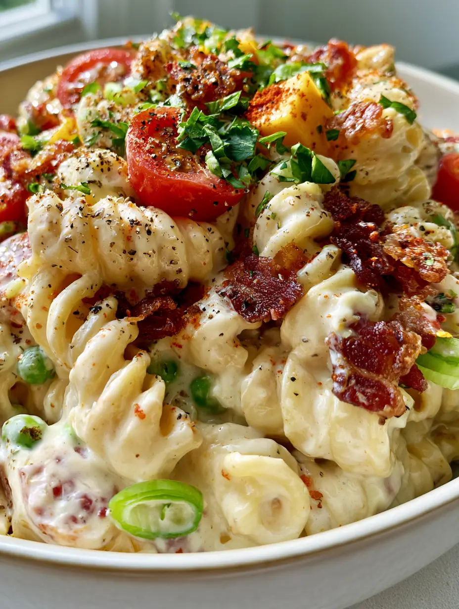 Million Dollar Pasta Salad with Crispy Bacon and Sharp Cheddar 3 Close-up of rotini pasta coated in a thick, high-gloss ivory cream sauce for Million Dollar Pasta Salad.