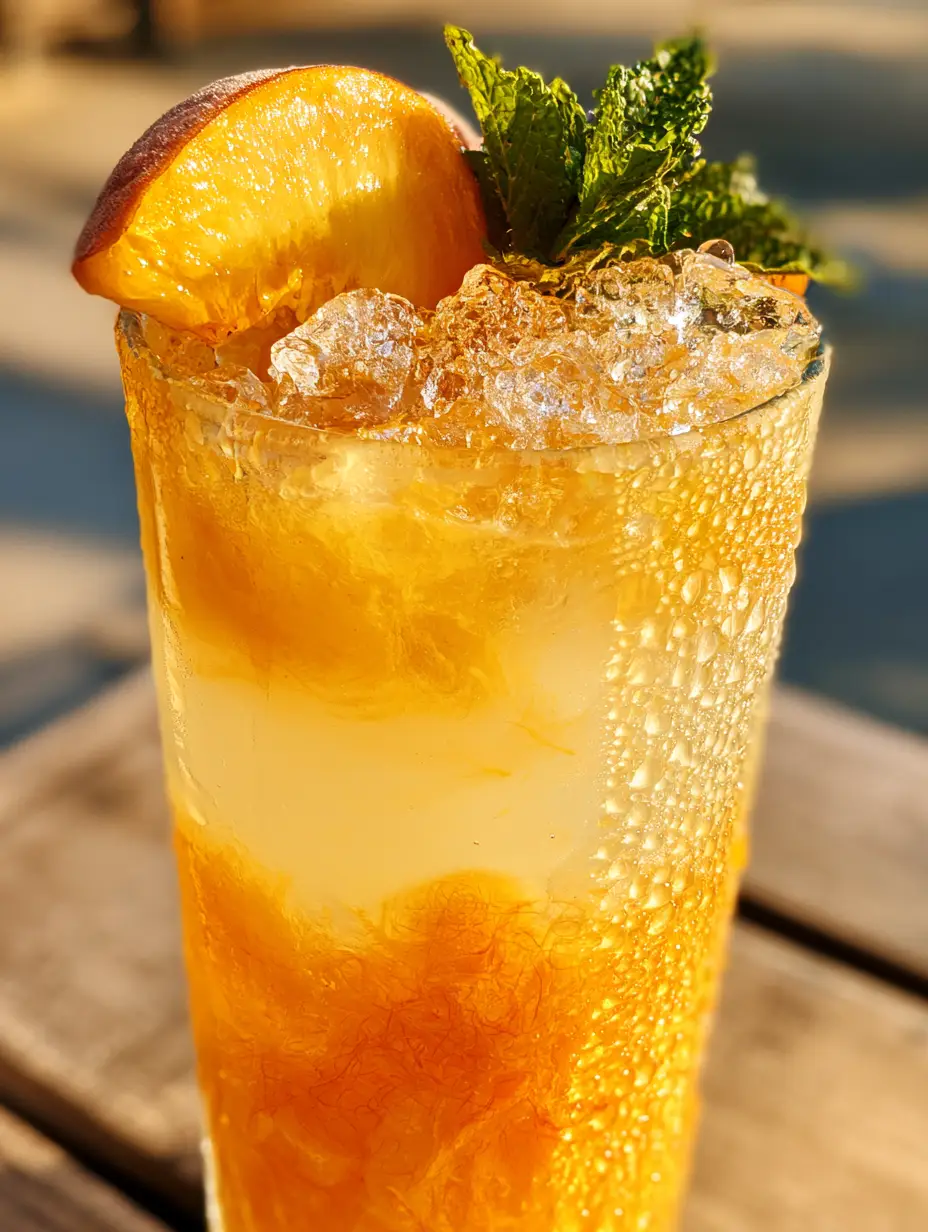 Peach Lemonade: The Ultimate Fresh Summer Refresher 4 Extreme close-up of a tall frosted glass featuring vibrant orange-gold peach puree, pale yellow lemonade, and glistening crushed ice. (Peach Lemonade)