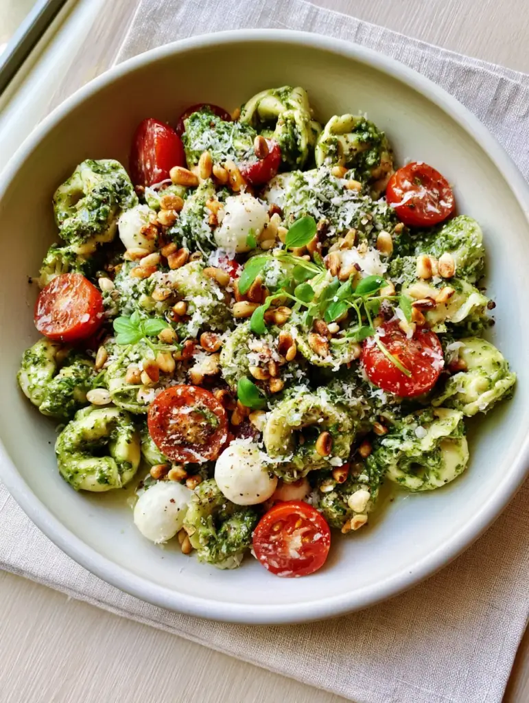 Pesto Tortellini Pasta Salad with Fresh Mozzarella and Basil 1 Matte white bowl filled with pesto tortellini pasta salad on a linen napkin.