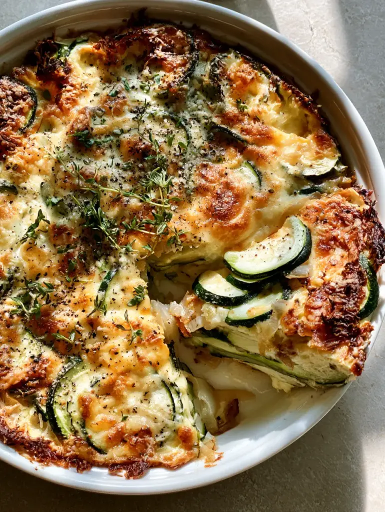 Zucchini Onion Pie with Toasted Parmesan Crust and Sharp Cheddar 1 A removed slice of Zucchini Onion Pie showing firm, non-soggy layers of green squash and caramelized onions.