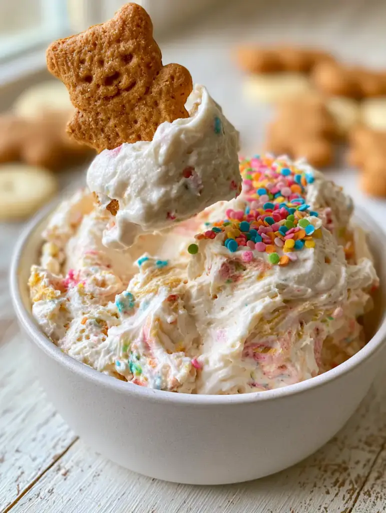 Funfetti Dip: The Ultimate Fluffy Whipped Vanilla Dessert Dip 1 A close-up of Funfetti dip garnished with sprinkles on a rustic wooden table with Teddy Grahams in the background.