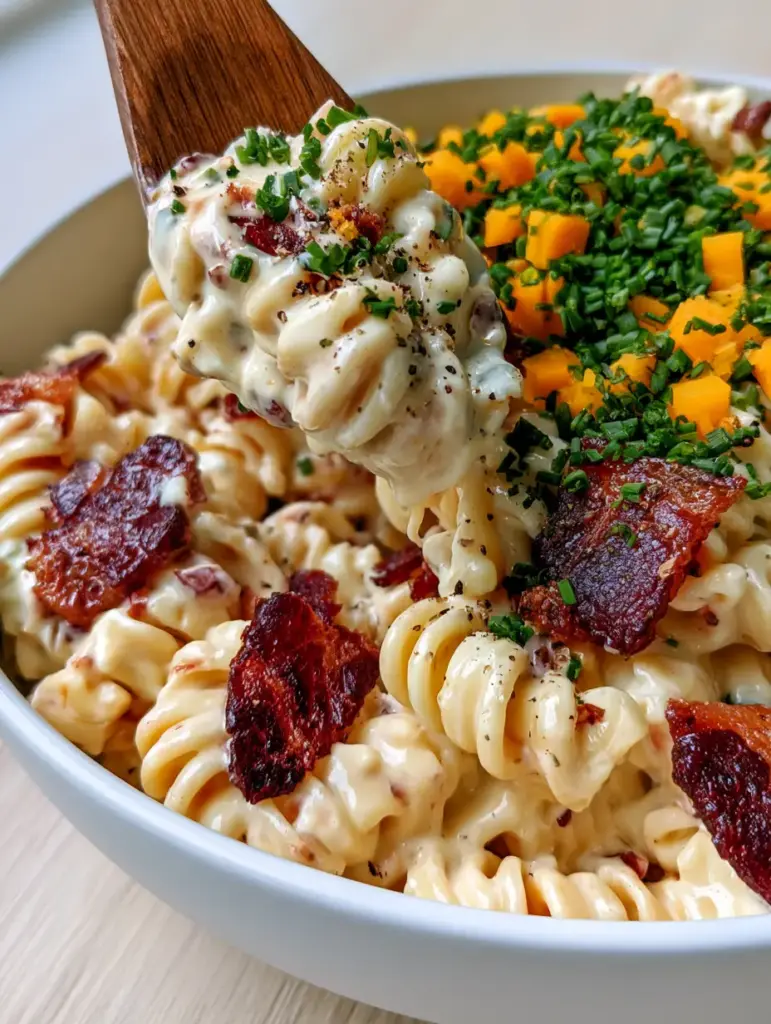 Creamy Bacon Pasta Salad with Sharp Cheddar and Ranch 1 A wooden spoon lifting a portion of creamy bacon pasta salad showing the sauce stretching.