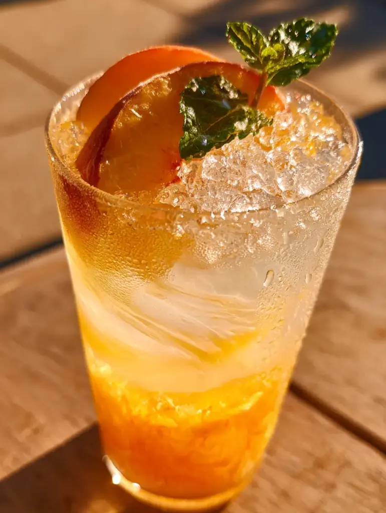 Peach Lemonade: The Ultimate Fresh Summer Refresher 1 A close-up of heavy condensation beads on a glass of Peach Lemonade with a juicy peach wedge garnish. (Peach Lemonade)