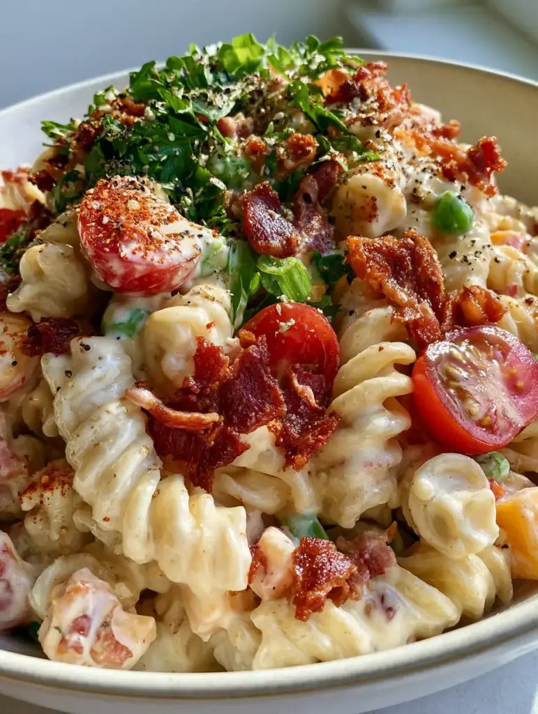 Million Dollar Pasta Salad with Crispy Bacon and Sharp Cheddar 1 A bowl of Million Dollar Pasta Salad topped with crispy bacon bits, sharp cheddar cubes, and fresh green scallions.