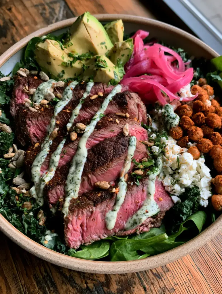 Dinner salad recipes for Steak Lovers: The Ultimate High-Protein Power Bowl 1 Close-up of perfectly pink medium-rare steak slices on a bed of greens for dinner salad recipes.