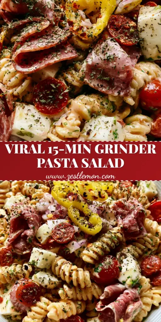 Italian Grinder Pasta Salad: The Ultimate Creamy Deli-Style Recipe 4 An overhead view of a vibrant Italian Grinder Pasta Salad in a white textured bowl, featuring rotini, salami ribbons, and banana peppers.