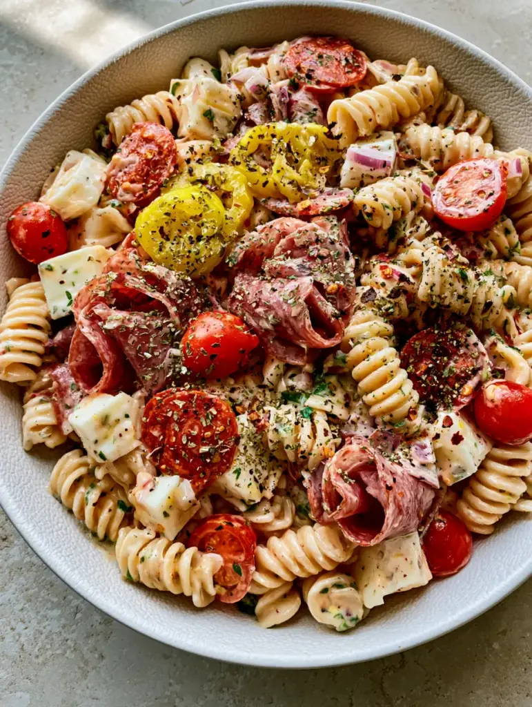 Overhead photo of Italian Grinder Pasta Salad showing glossy creamy dressing and herb flecks on rotini pasta.