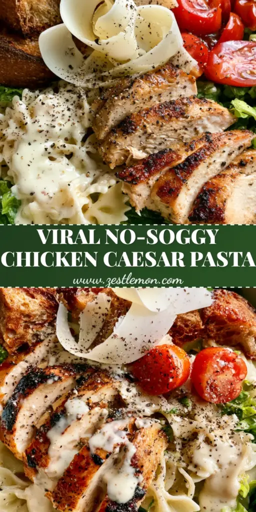Chicken Caesar Pasta Salad with Golden-Brown Seared Chicken 3 A high-angle overhead shot of a gourmet chicken Caesar pasta salad in a white bowl, showing farfalle pasta, seared chicken, and shaved parmesan.